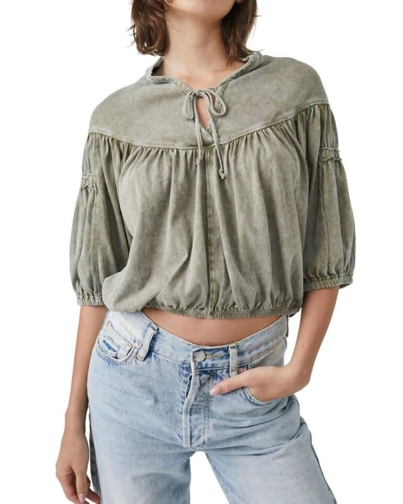 Front of a model wearing a size L No Good Alone Tee in Willow in Willow by Free People. | dia_product_style_image_id:334578